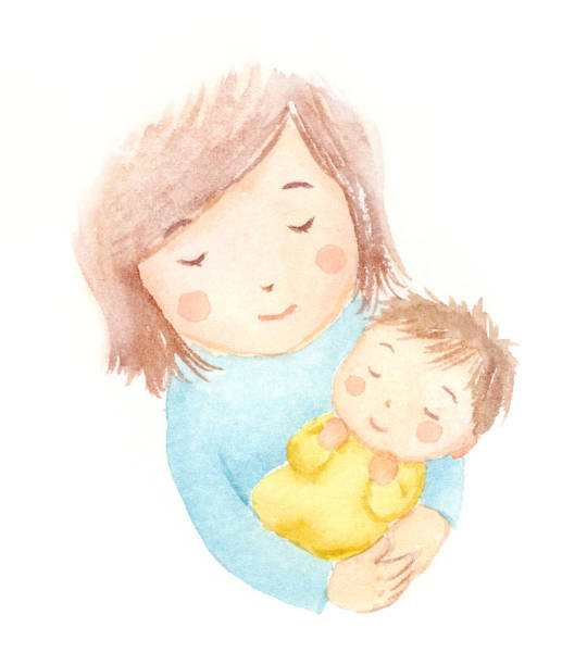 illustrations, cliparts, dessins animés et icônes de illustration d’aquarelle d’une maman retenant un bébé. - enfant famille calin