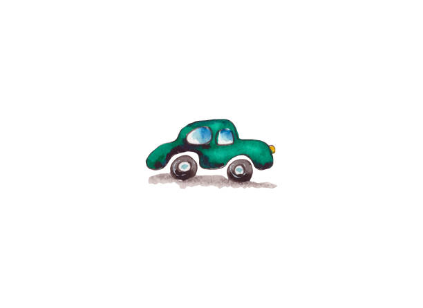 watercolor illustration of a small green toy car. isolated on a white background watercolor illustration of a small green toy car. isolated on a white background. sweet little models pictures stock illustrations
