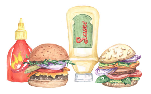 ソースとハンバーガーのボトルの水彩画 - チリドッグ点のイラスト素材／クリップアート素材／マンガ素材／アイコン素材