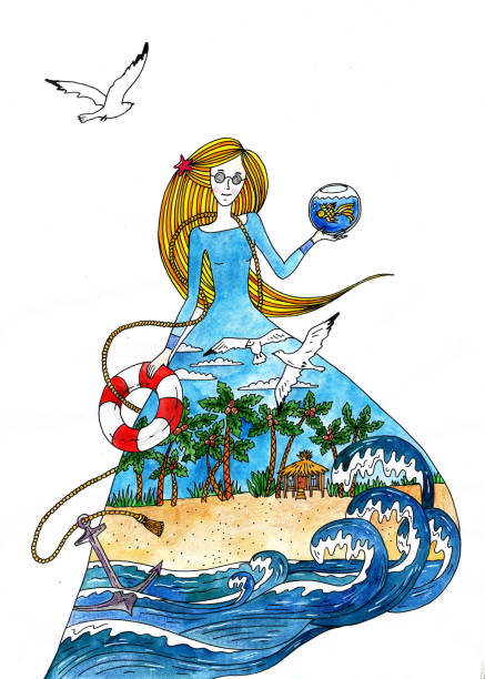 ilustrações de stock, clip art, desenhos animados e ícones de watercolor illustration of girl in a dress which depicts the sea and palm trees - malmo