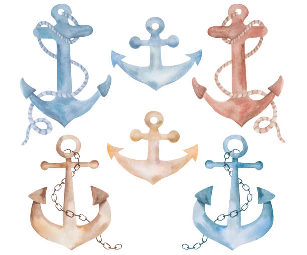 Watercolor illustration of hand painted set of blue, brown anchors with ropes, chain for ship, vessel, boat sea. Marine ocean style, design clip art elements for textile print, summer cards, posters Watercolor illustration of hand painted set of blue, brown anchors with ropes, chain for ship, vessel, boat sea. Marine ocean style, design clip art elements for textile print, summer cards, posters anchor point stock illustrations