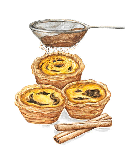 ilustrações de stock, clip art, desenhos animados e ícones de watercolor illustration of traditional portuguese custard tarts and cinnamon sticks - pastel de nata
