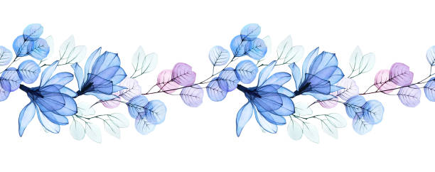 watercolor illustration, seamless horizontal border with transparent flowers. transparent magnolia flowers and eucalyptus leaves of pink and blue flowers. pastel colors, vintage design watercolor illustration, seamless horizontal border with transparent flowers. transparent magnolia flowers and eucalyptus leaves of pink and blue flowers. pastel colors, vintage design blue clipart stock illustrations