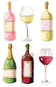 istock Watercolor illustration - Wine bottles - red, white, rose 1217981056