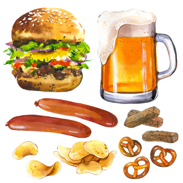 aquarell illustration mit bier und snack. glas, brezel, chips, würstchen, burger. oktoberfest-traditionen. - oktoberfest stock-grafiken, -clipart, -cartoons und -symbole