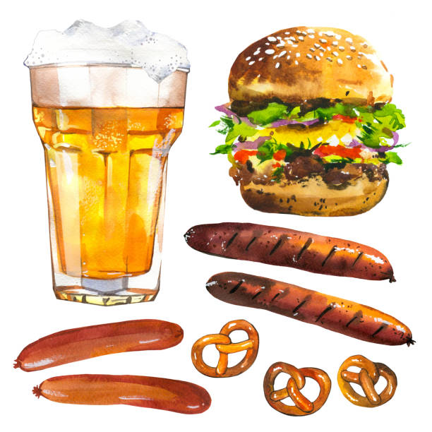 aquarell illustration mit bier und snack. glas, brezel, chips, würstchen, burger. oktoberfest-traditionen. - oktoberfest stock-grafiken, -clipart, -cartoons und -symbole