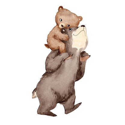 Watercolor illustration with brown father bear and baby cub. Greeting card for Dad with cute animal. Fathers Day Card