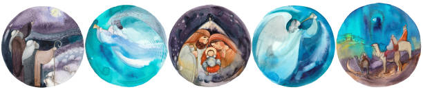 ilustrações, clipart, desenhos animados e ícones de ilustrações de aquarela com a cena do presépio de santa maria, josé e jesus em uma manjedoura, três homens sábios em camelos, pastores com ovelhas, anjos alardeando em um círculo. design de natal cristão - gado brasil