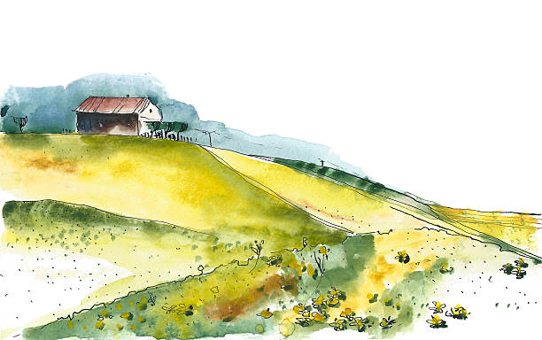 ilustraciones, imágenes clip art, dibujos animados e iconos de stock de watercolor imagen de un paisaje rural - airbnb