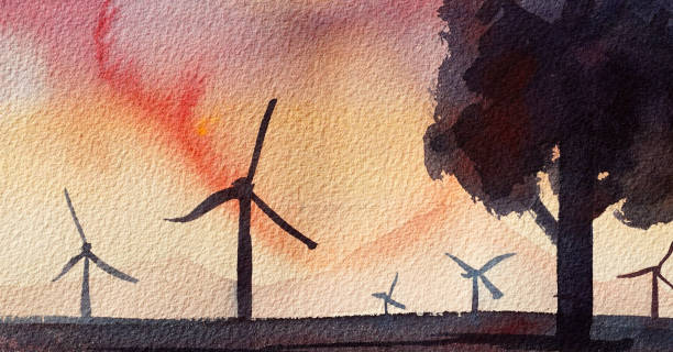 bildbanksillustrationer, clip art samt tecknat material och ikoner med akvarell landskap - wind turbine sunset