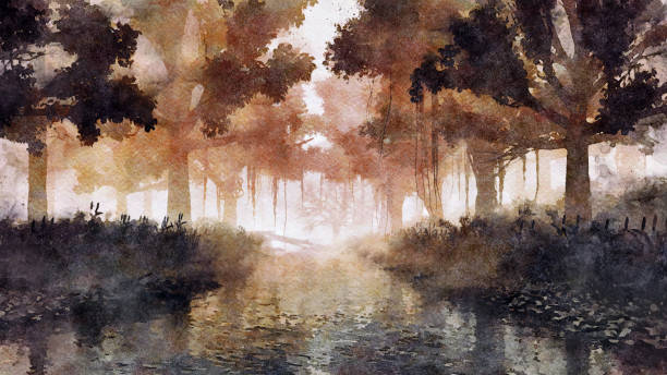 Watercolor landscape of mystical night forest Wet watercolor woodland landscape with creepy tree silhouettes on overgrown shore of swampy forest river at dark misty dusk or night. Digital art painting from my own 3D rendering file. copse stock illustrations