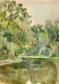 istock Watercolor landscape with a picturesque lake and old trees in the park Nivki, in the Kiev city in Ukraine. Colorful illustration for book cover 1303515527
