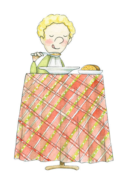 ilustrações de stock, clip art, desenhos animados e ícones de watercolor man sits at the table and eating soup - blonde man trying food
