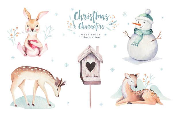 Watercolor Merry Christmas illustration with snowman, holiday cute animals deer, rabbit. Christmas celebration cards. Winter new year design. Watercolor Merry Christmas illustration with snowman, holiday animals deer, rabbit. Christmas celebration cards. Winter new year design. funny santa cartoons pictures stock illustrations