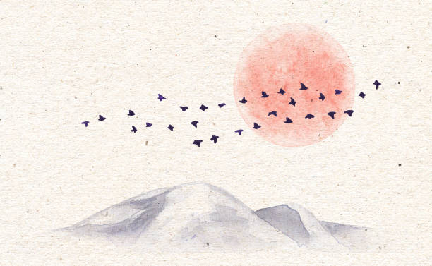 ilustrações de stock, clip art, desenhos animados e ícones de watercolor mountains, birds and moon - supermoon