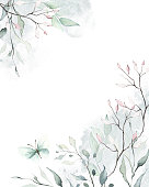 istock Watercolor painted floral frame on white background. Gray, blue and pink branches, leaves, abstract stains. 1395910263