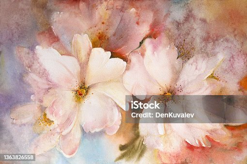istock Watercolor painting of blooming spring flowers. 1363826558