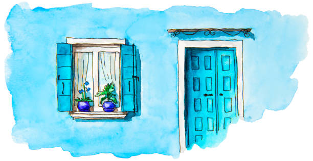 illustrazioni stock, clip art, cartoni animati e icone di tendenza di pittura ad acquerello della facciata blu della casa con porta e finestra blu. - burano