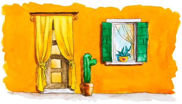 illustrazioni stock, clip art, cartoni animati e icone di tendenza di dipinto ad acquerello della facciata arancione della casa con porta e finestra. - burano