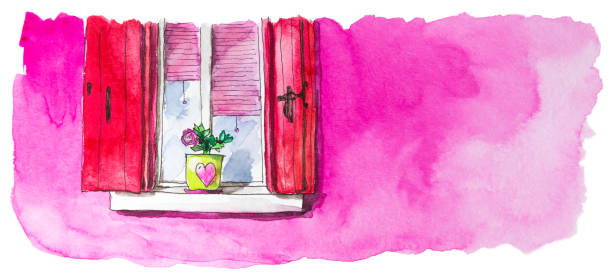 illustrazioni stock, clip art, cartoni animati e icone di tendenza di dipinto ad acquerello di finestra con persiane rosse sulla facciata rosa. - burano