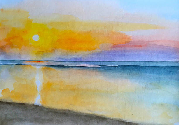 Watercolor painting sunset on the beach vector art illustration