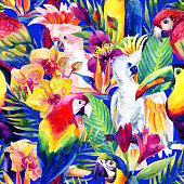 istock watercolor parrots with tropical flowers seamless pattern 521812882