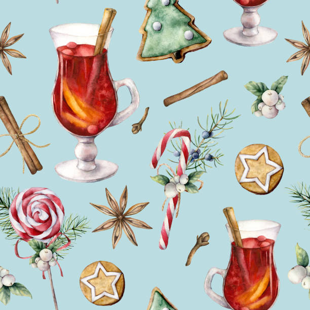 ilustrações de stock, clip art, desenhos animados e ícones de watercolor pastry seamless pattern with mulled wine. hand painted lollipop, cookies, juniper and snowberry isolated on blue background. christmas ilustration for design, print, fabric or background. - pastel de nata