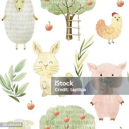 istock Watercolor pattern with farm animals. 1392890359