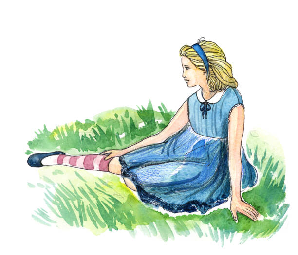 Watercolor picture of a girl Alice sitting on the grass Watercolor picture of a girl Alice sitting on the grass sweet little models pictures stock illustrations