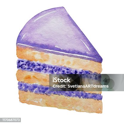istock watercolor piece of layered cake on white background. Hand drawn cake slice isolated illustration. Sweet dessert with Cream and biscuit. 1170687073