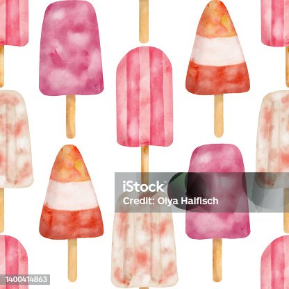istock Watercolor pink popsicle seamless pattern. Hand painted strawberry and cream ice pops isolated on white background. Summer frozen dessert. Fruit paleta drawing print, cute dessert repeated design. 1400414863