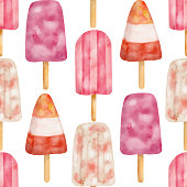istock Watercolor pink popsicle seamless pattern. Hand painted strawberry and cream ice pops isolated on white background. Summer frozen dessert. Fruit paleta drawing print, cute dessert repeated design. 1400414863