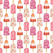 istock Watercolor pink popsicle seamless pattern. Hand painted strawberry and cream ice pops isolated on white background. Summer frozen dessert. Fruit paleta drawing print, cute dessert repeated design. 1413783613