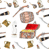 istock Watercolor Pirate adventure colorful objects seamless pattern 1326673746