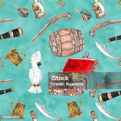 istock Watercolor Pirate adventure colorful objects seamless pattern 1326673774