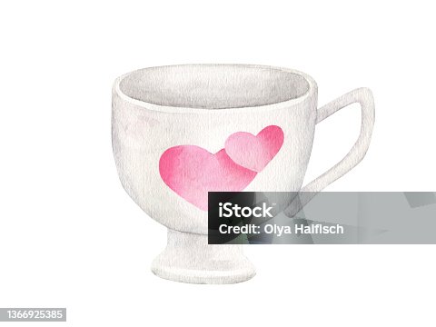 istock Watercolor porcelain cup isolated on white background. Hand drawn white ceramic mug with pink hearts for tea and coffee. Kitchen crockery sketch illustration for Valentine's day, cards, invitations. 1366925385