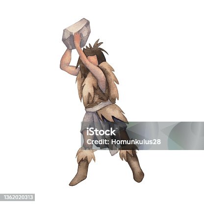 istock Watercolor primordial human fighting or hunting with a huge stone. 1362020313
