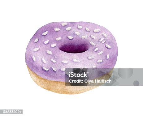 istock Watercolor purple donut illustration. Hand drawn cute doughnut with glaze and sprinkles isolated on white background. Tasty dessert sketch for cards, design. Glazed bakery painting. 1365552024