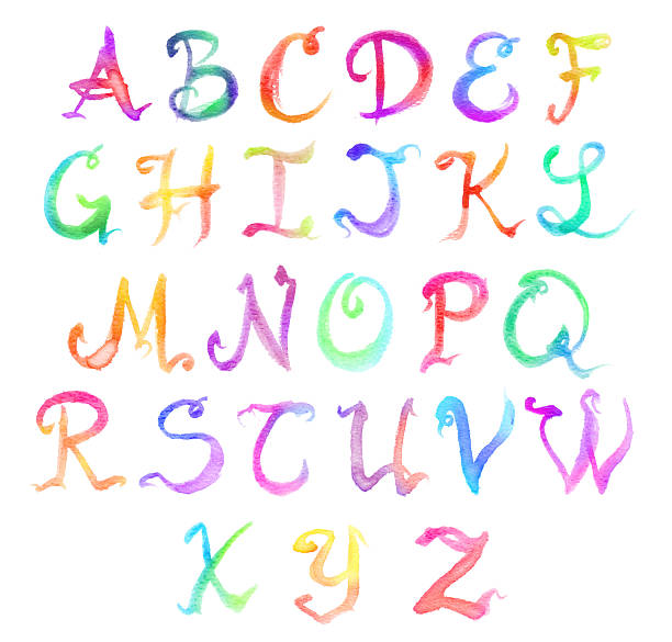 Watercolor Rainbow Alphabet with Fancy Lettering "Hand drawn, colorful watercolor alphabet." drawing of a fancy letter v stock illustrations