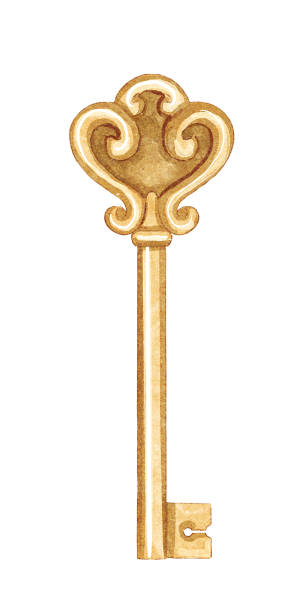 Watercolor retro yellow key Vintage bronze golden key isolated on white background. Watercolor hand drawn illustration sketch door clipart stock illustrations