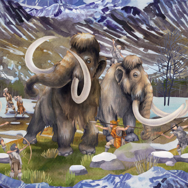 Watercolor scene of primordial humans hunting on a mammoths Watercolor scene of primordial humans hunting on a mammoths with a mountain landscape on a background. Hand painted historical illustration of the Ice Age mastodon animal stock illustrations