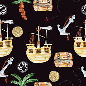 istock Watercolor seamless background illustration of a pirate set of ship, coins, anchor, palm tree, route line. An illustration for printing. Print for a T-shirt. A sample for a party. Decor for a children's holiday 1331169167