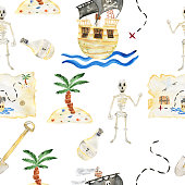 istock Watercolor seamless background illustration of a pirate set with ship, palm tree, bottle of rum, skeleton, treasure map and island. An illustration for printing. Print for a T-shirt. A sample for a party. Decor for a children's holiday 1331091025