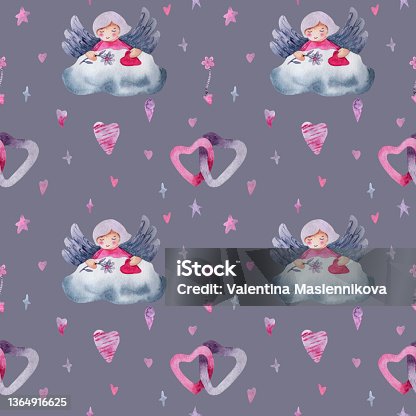 istock Watercolor seamless pattern for Valentine's Day. Pink and purple hearts, an angel of love on a blue cloud and stars. Hand-drawn illustrations on a dark background 1364916625