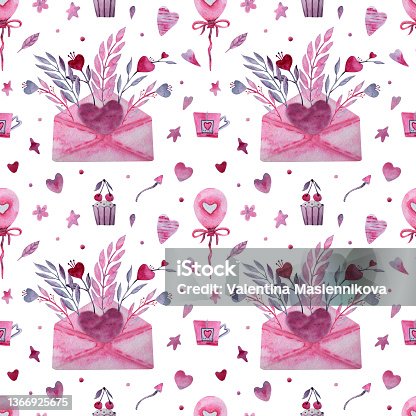 istock Watercolor seamless pattern for Valentine's Day. Pink and purple hearts, arrows, stars, an envelope, a cup of tea, a cake, flowers and balloons. Hand-drawn illustrations on a white background 1366925675