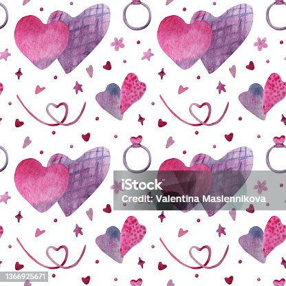 istock Watercolor seamless pattern for Valentine's Day. Two intertwined hearts, stars and the inscription "love". Hand-drawn illustrations on a white background 1366925671