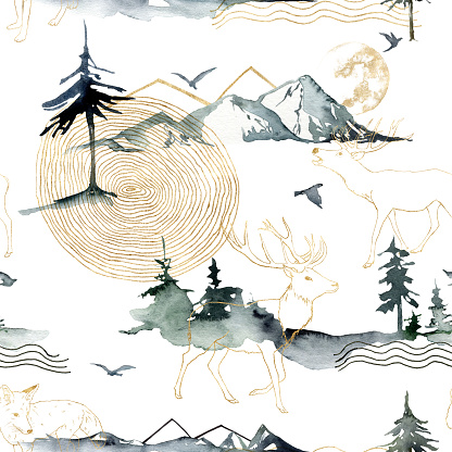 Watercolor seamless pattern of forest, mountains, deer and birds. Hand painted abstract and gold linear illustrations isolated on white background. For design, print, fabric or background