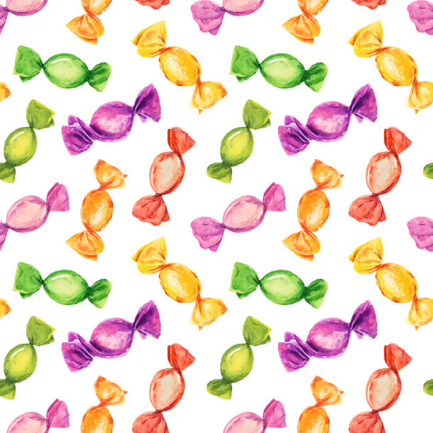 Watercolor seamless pattern with candies in wrapper isolated on white background. Watercolor seamless pattern with candies in wrapper isolated on white background. Hand drawn watercolor illustration. candy drawings stock illustrations