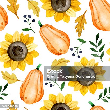 istock watercolor seamless pattern with cute orange pumpkins and yellow sunflowers. thanksgiving, halloween, autumn 1414029658