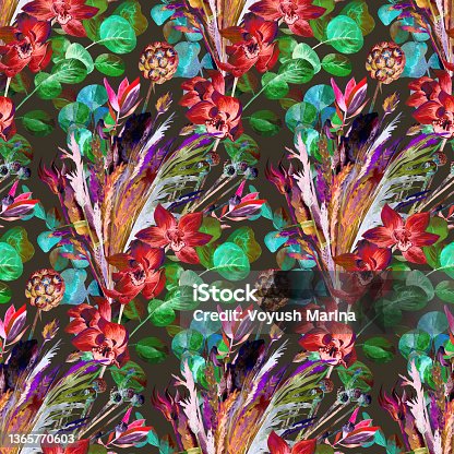 istock watercolor seamless pattern with dried flowers herbarium with boho style and red orchid flower on black background 1365770603